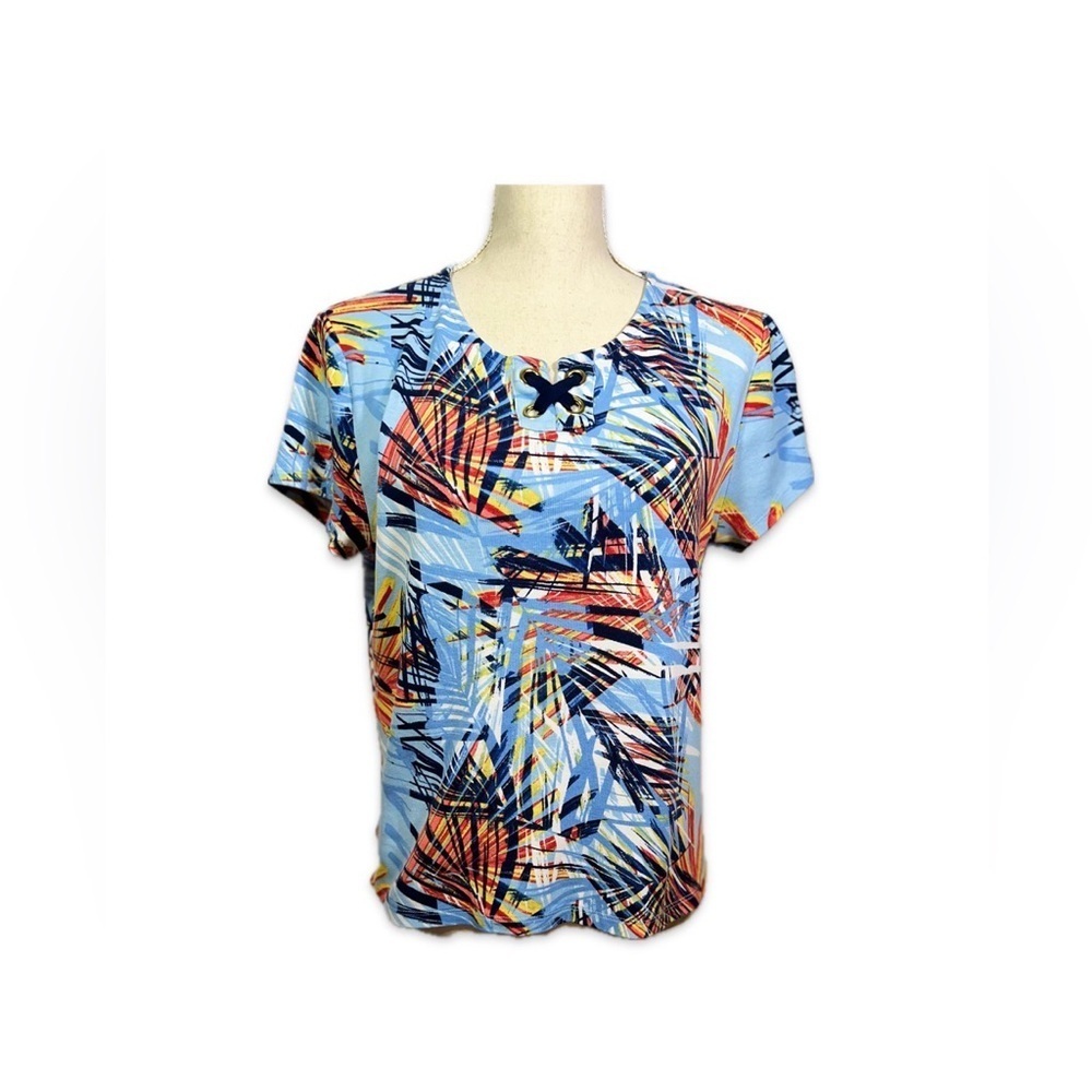 Rafaella Short Sleeve Top Size Petite Large Blue and Orange Graphic Design